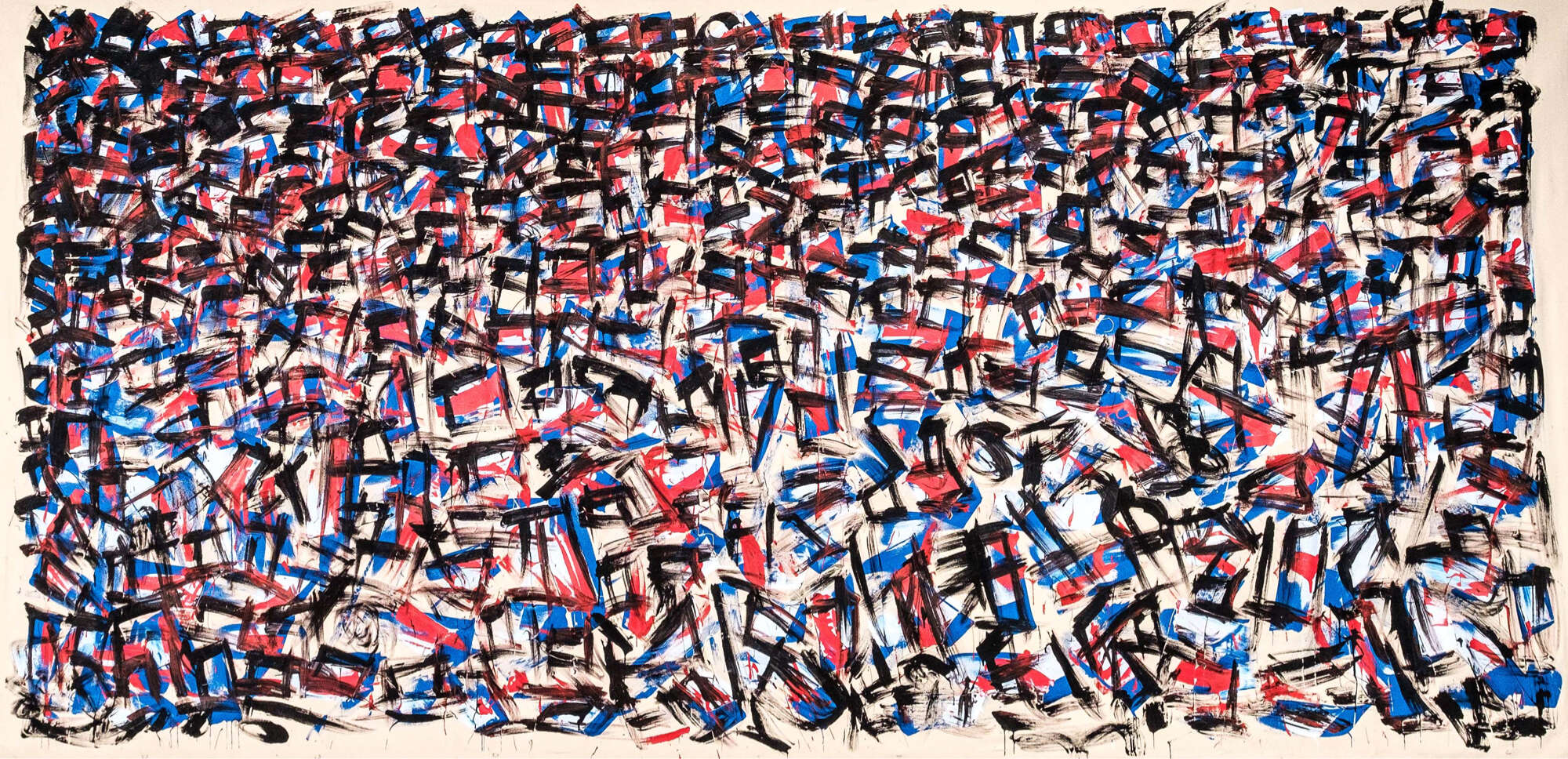 Chaos in the Machine No.1 - ungrounded canvas with black, red, white and blue strokes