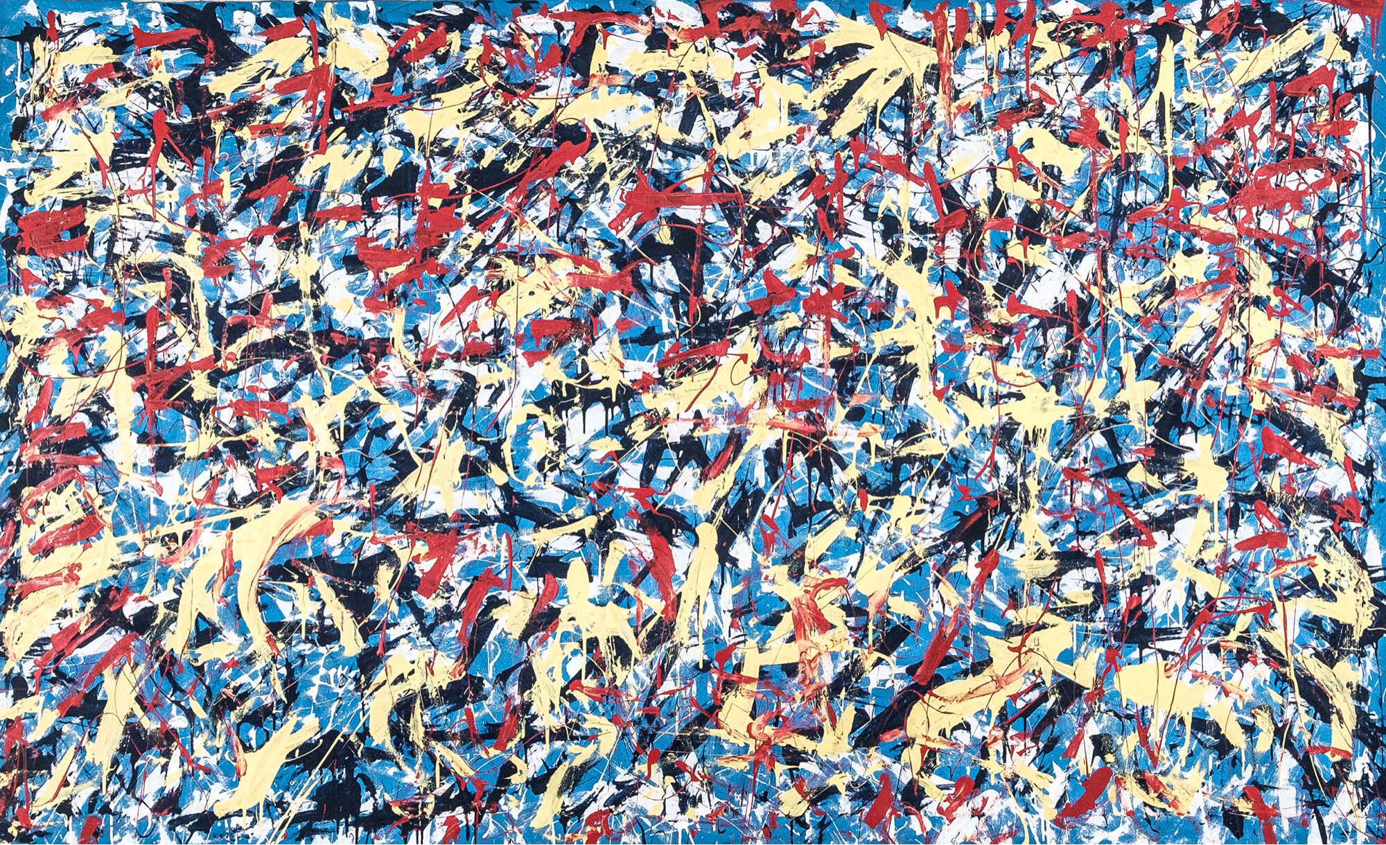 Chaos in the Machine No.5 - vibrant canvas with blue, yellow, red, black and white strokes