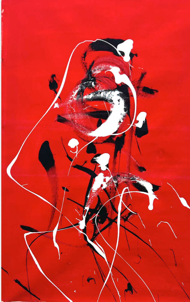 Obsessive Compulsive Dialogue No.40 - 3rd red painting with black and white strokes of triptych 