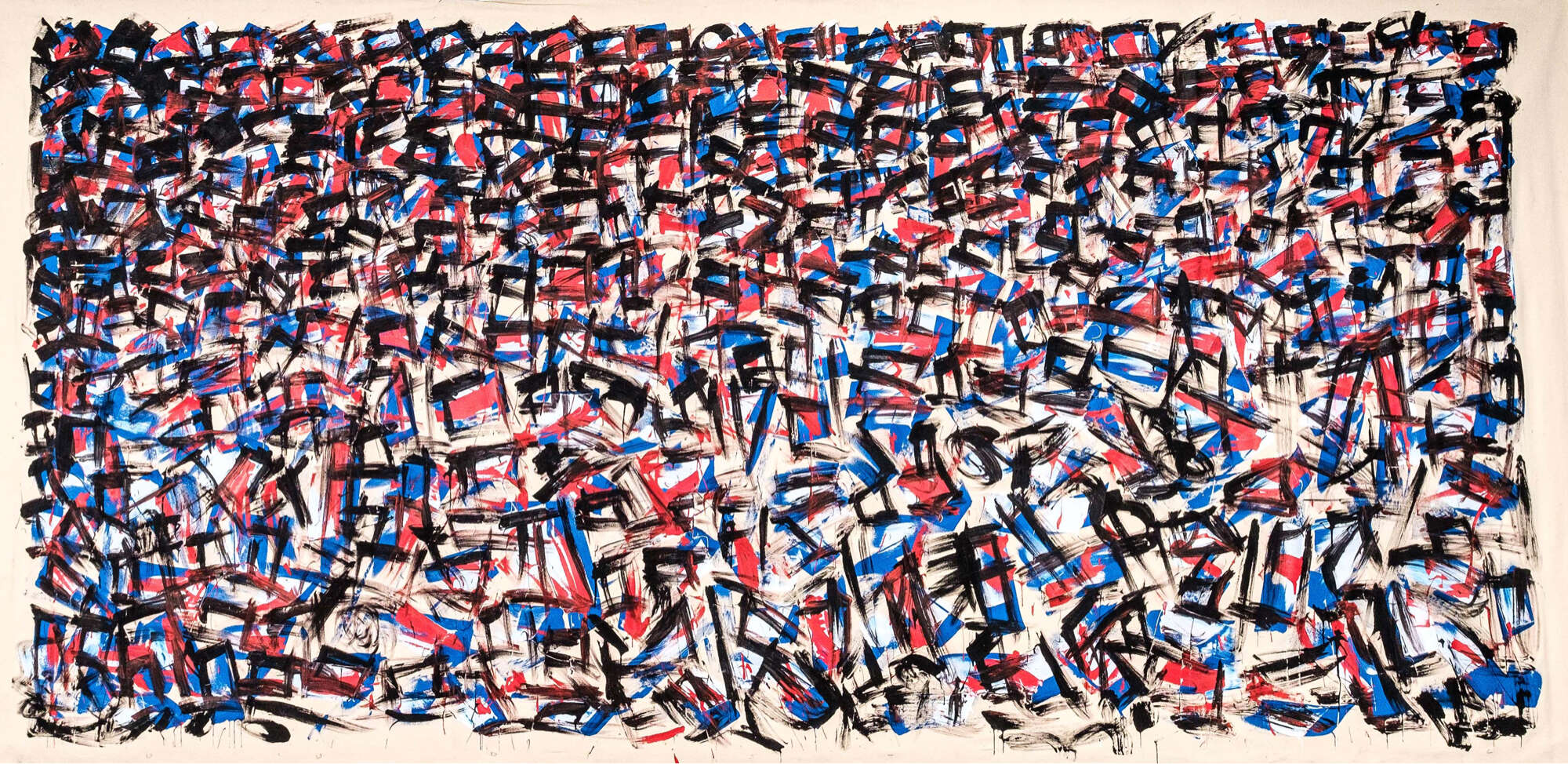 Chaos in the Machine No.01 - huge ungrounded canvas with black, white, blue and red scrapes across the canvas