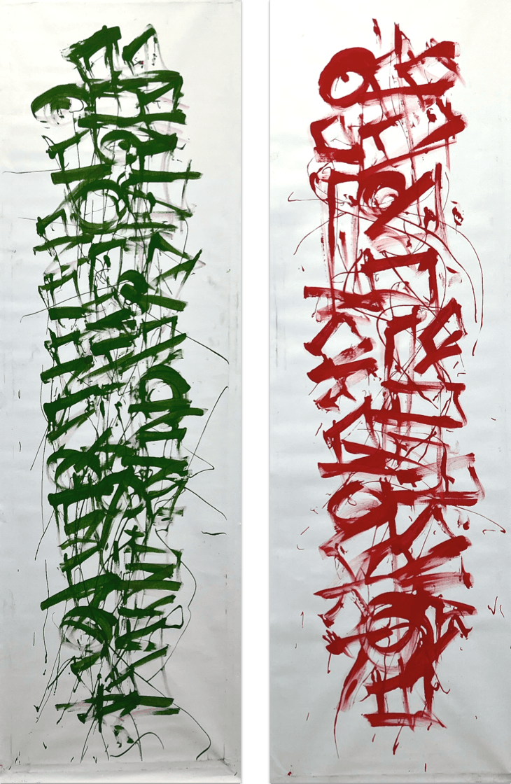 Obsessive Compulsive Dialogue No.79, No.80 - tall paintings, white background with green and red strokes