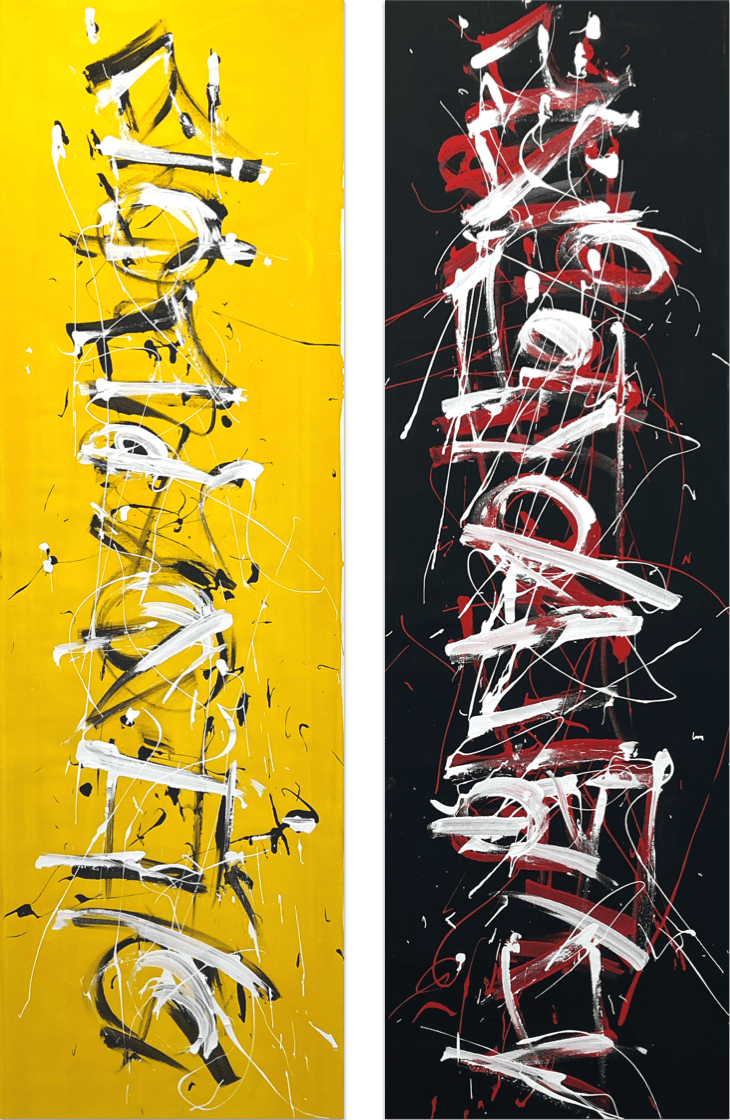 Obsessive Compulsive Dialogue No.81, No.82 - tall paintings, yellow and black background with white, black and red strokes