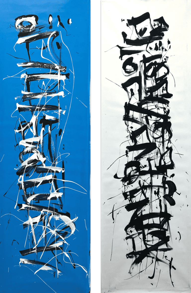 Obsessive Compulsive Dialogue No.83, No.84 - tall paintings, white and blue background with black and white strokes