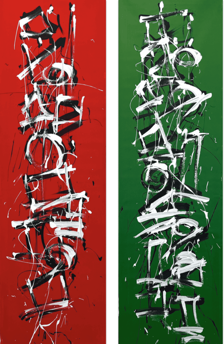 Obsessive Compulsive Dialogue No.85, No.86 - tall paintings, red and green background with black and white strokes