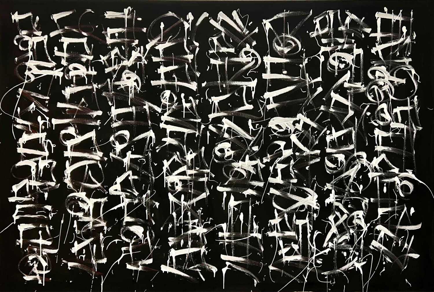 Obsessive Compulsive Dialogue No.89 - huge rectangle painting black background with white strokes