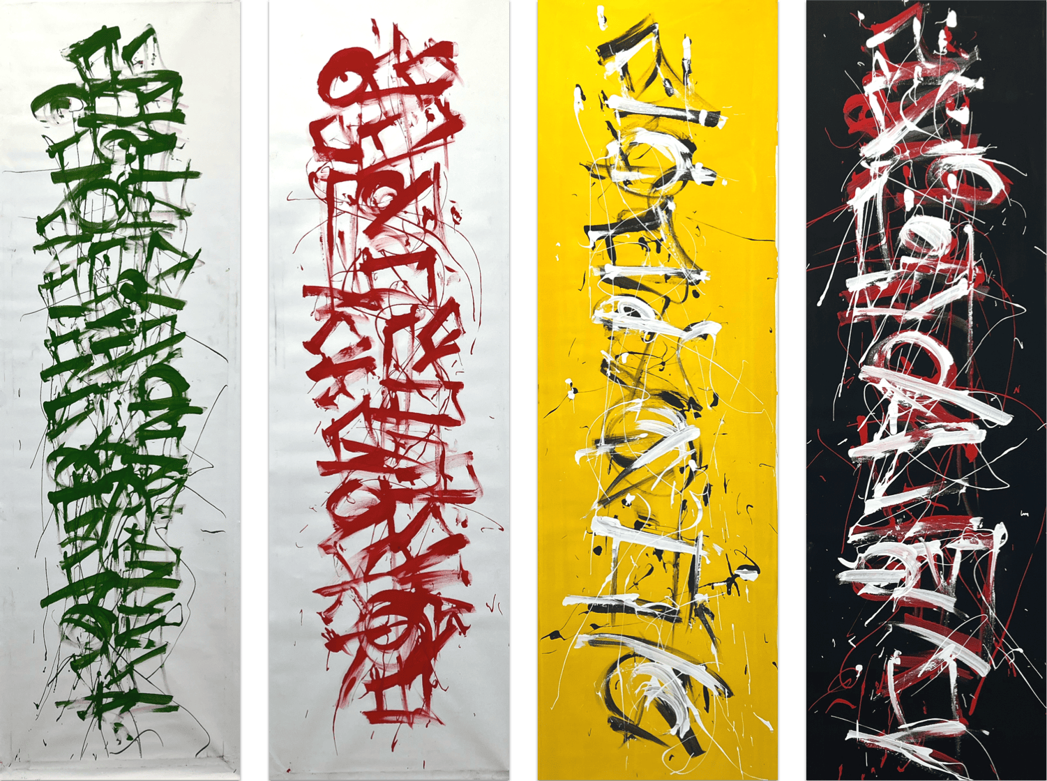 Obsessive Compulsive Dialogue No.79, No.80, No.81, No.82 - tall paintings in white, yellow and black with different coloured strokes across