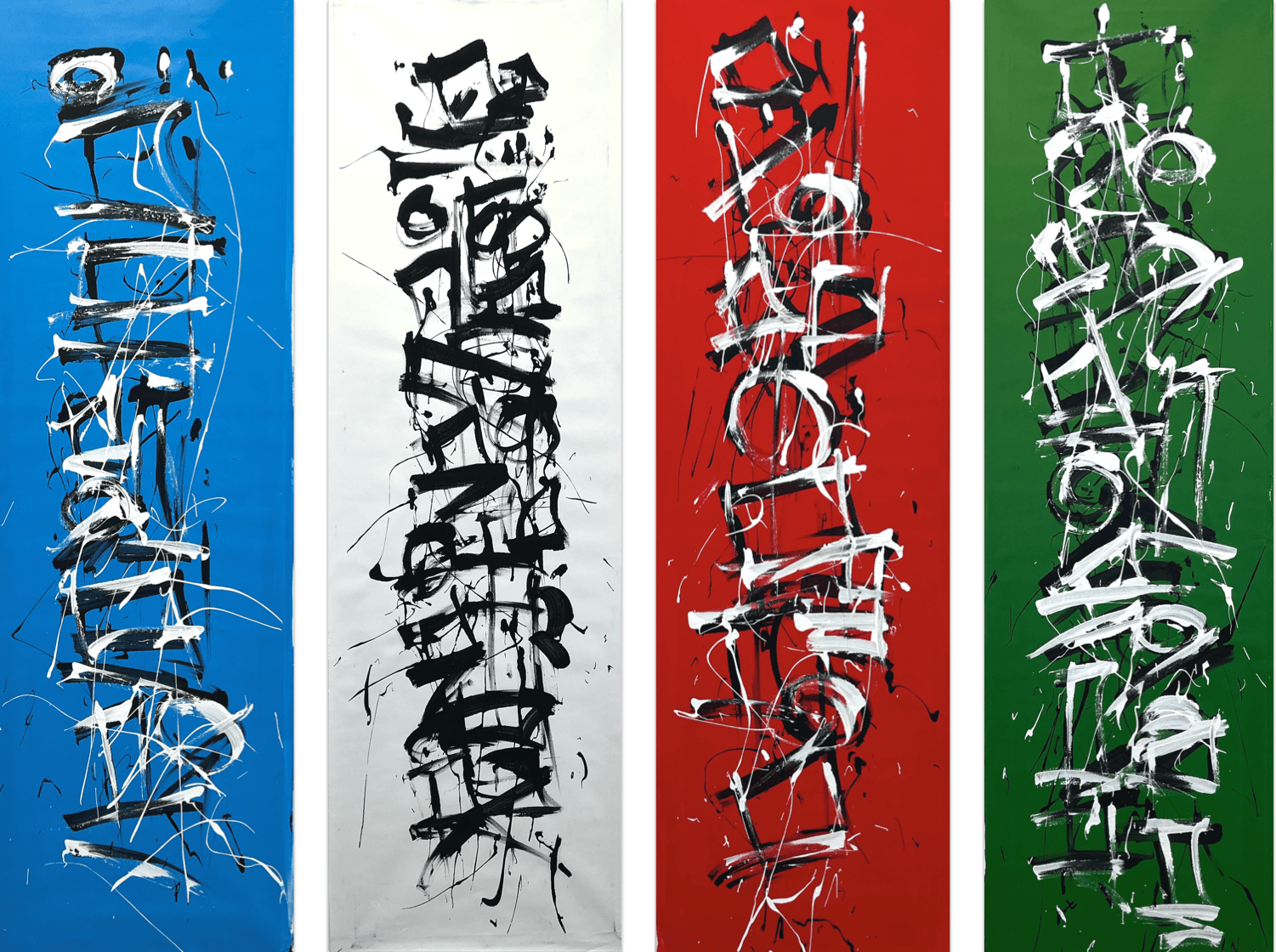 Obsessive Compulsive Dialogue No.83, No.84, No.85, No.86 - tall paintings in blue, white, red and green with black and white strokes across