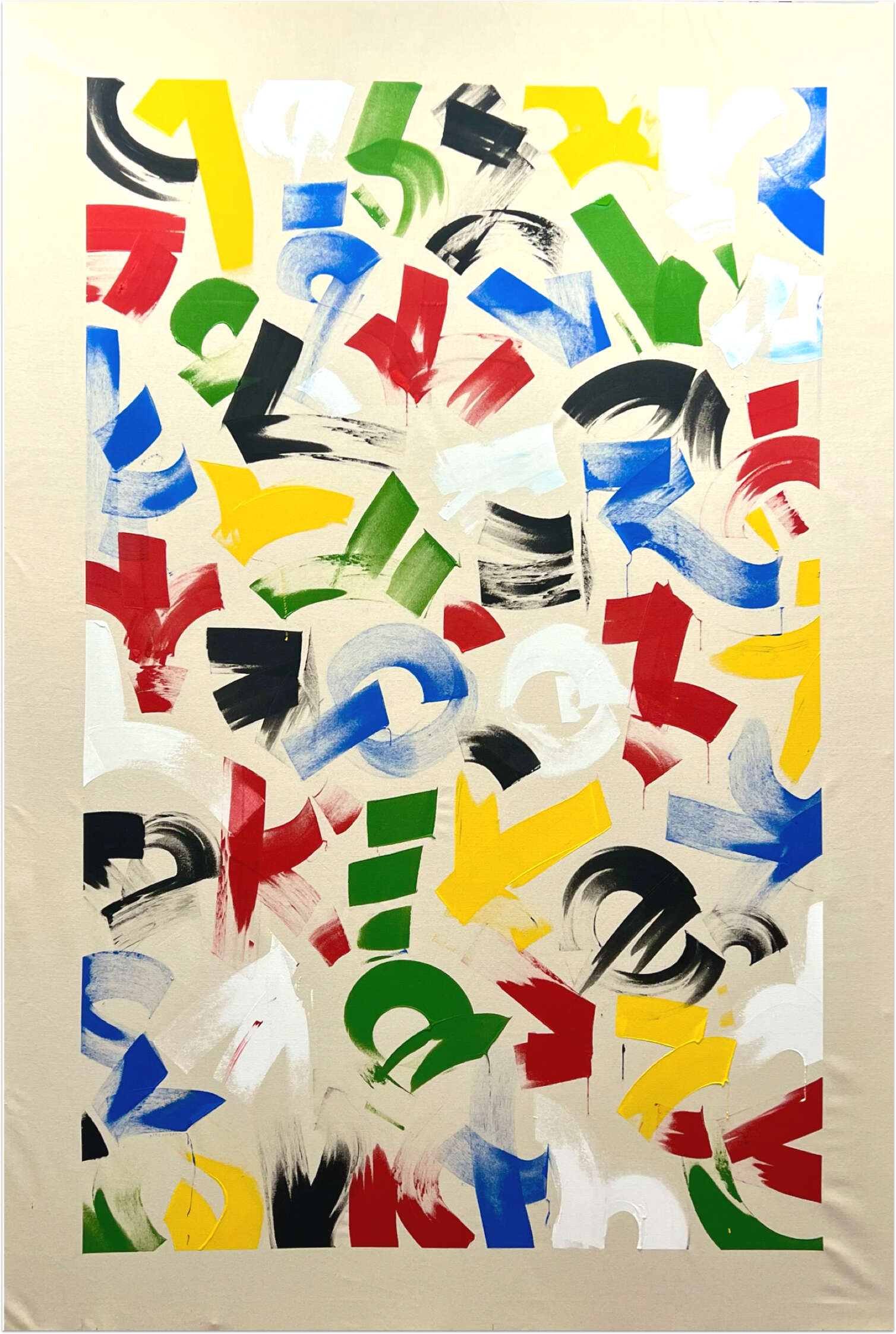 The Act of Transcription No. 10 - huge ungrounded canvas with white, green, black, red, blue and yellow cubist style strokes