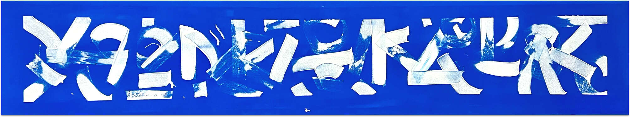 The Act of Transcription No. 7 - wide blue canvas with white cubist style strokes