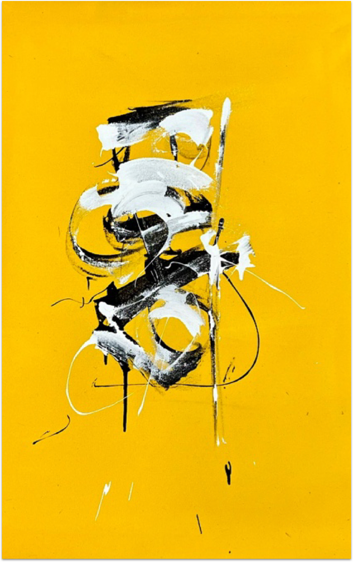 Triptych - Obsessive Compulsive Dialogue No. 56 - the first painting - yellow paint with black and white strokes across