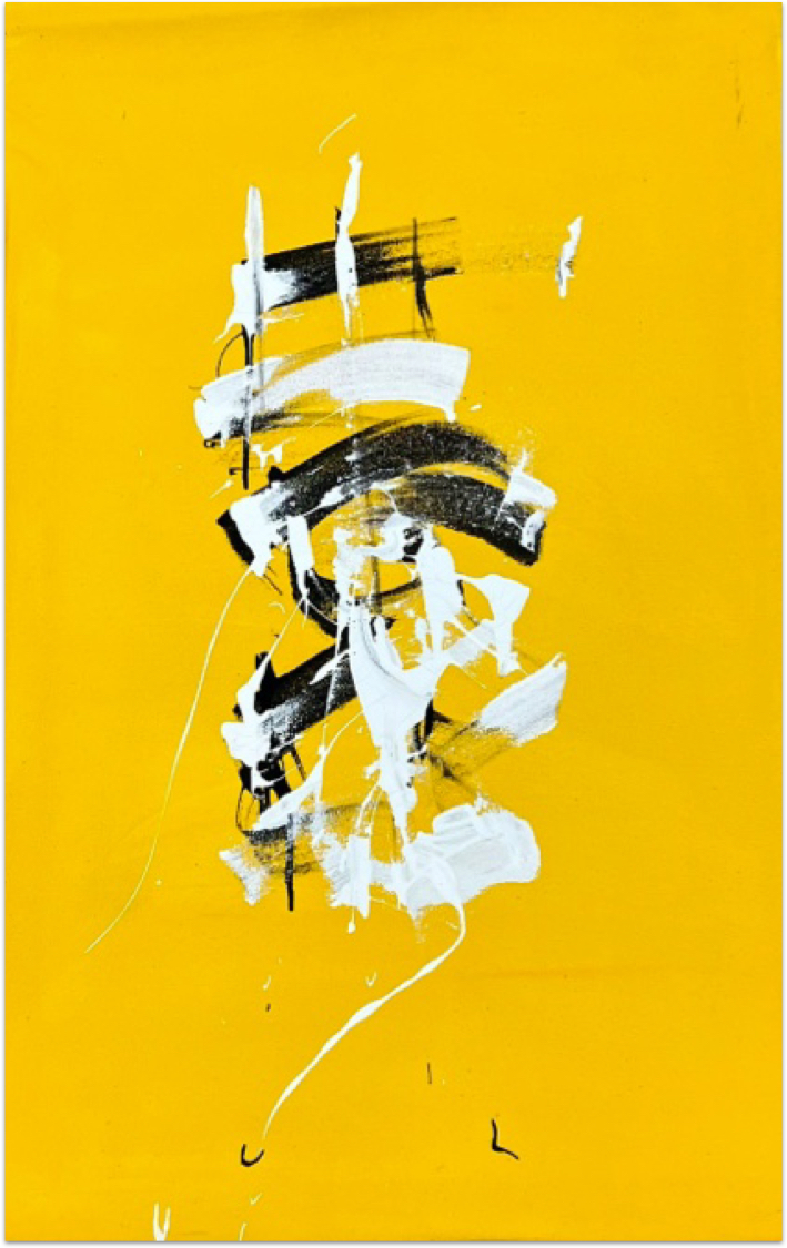 Triptych - Obsessive Compulsive Dialogue No. 56 - the second painting - yellow paint with black and white strokes across