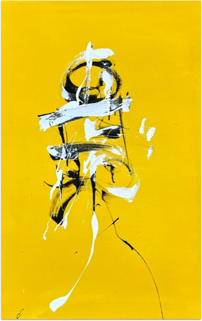 Triptych - Obsessive Compulsive Dialogue No. 56 - the third painting - yellow paint with black and white strokes across